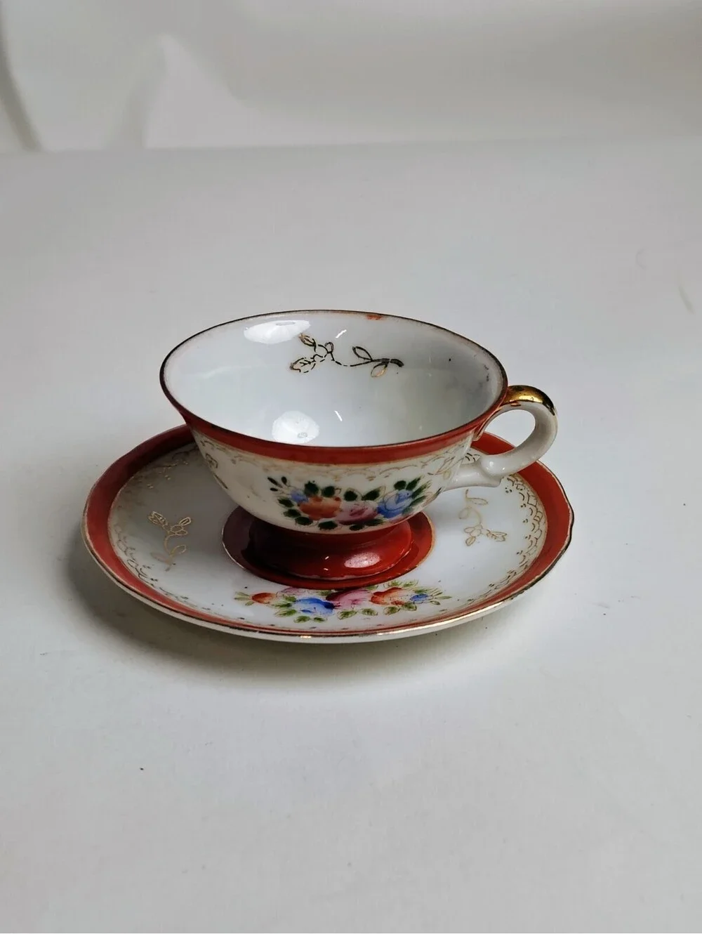 Vintage Made in Occupied Japan Teacup Saucer Set Floral Red Band Gold Trim Gilt